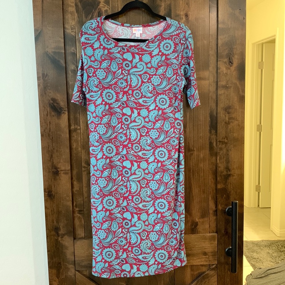 Lularoe red and blue dress straight knee length stretchy dress NWOT size m